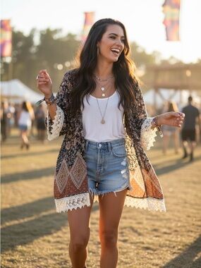 Gypsies & Moondust Navy Floral and Rust Border Lace-Trim Kimono Boho Festival